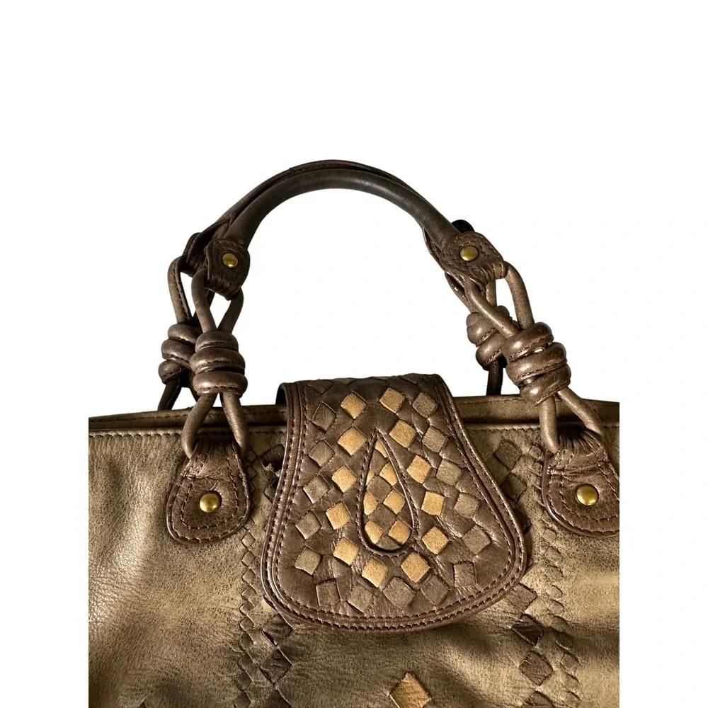 Isabella Fiore Vintage Woven Leather Tote Hobo Bag Tan Brown Western KC